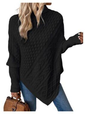 Turtleneck Poncho Sweater Cable Knit Pullover Batwing Sleeve High Neck